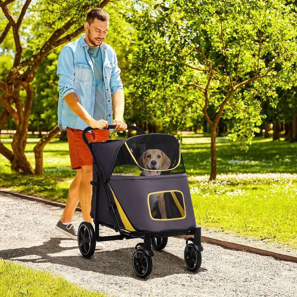 Foldable Dog Carriage w/ Universal Wheels, Shock Absorber - Grey