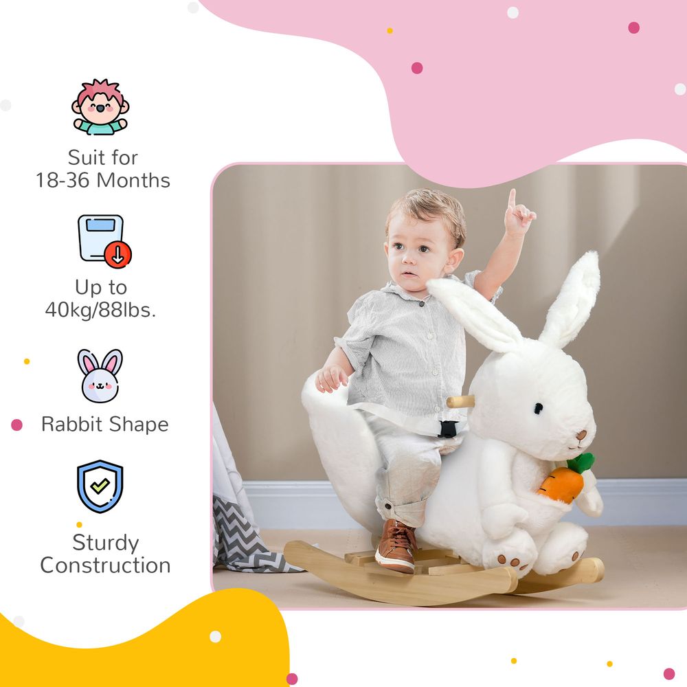 Kids Rabbit-Shaped Rocking Horse with Realistic Sounds Safety Belt White