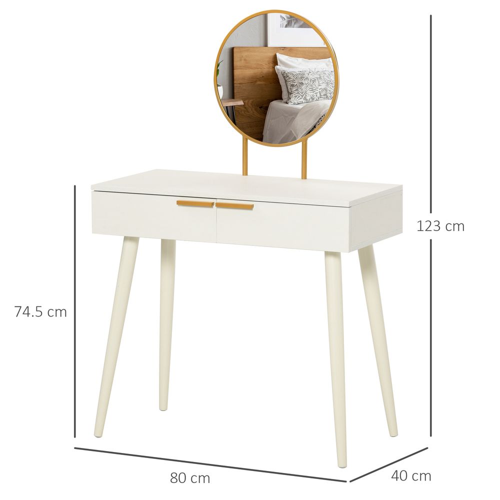 Elegant White Dressing Table with Round Mirror & 2 Drawers - Makeup Vanity Desk