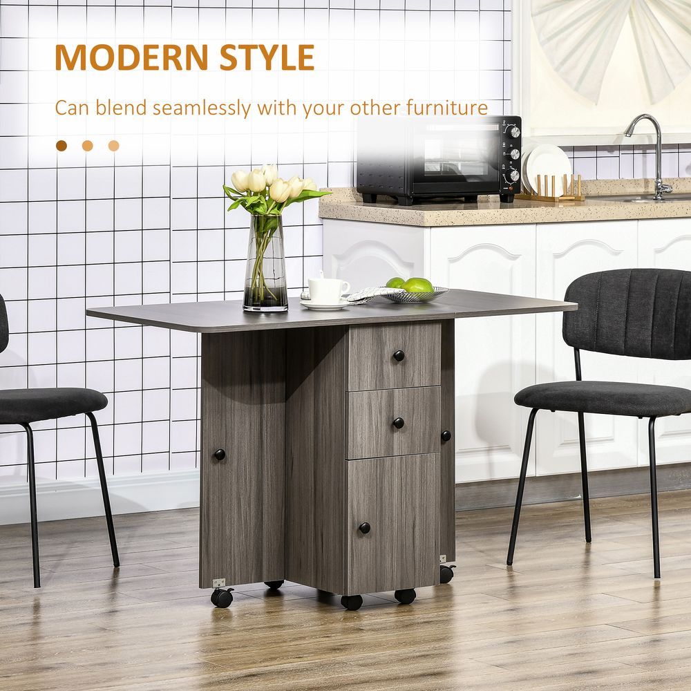 Folding Dining Table, Drop Leaf, Grey - Quality Expandable Space Saver with Storage Drawers