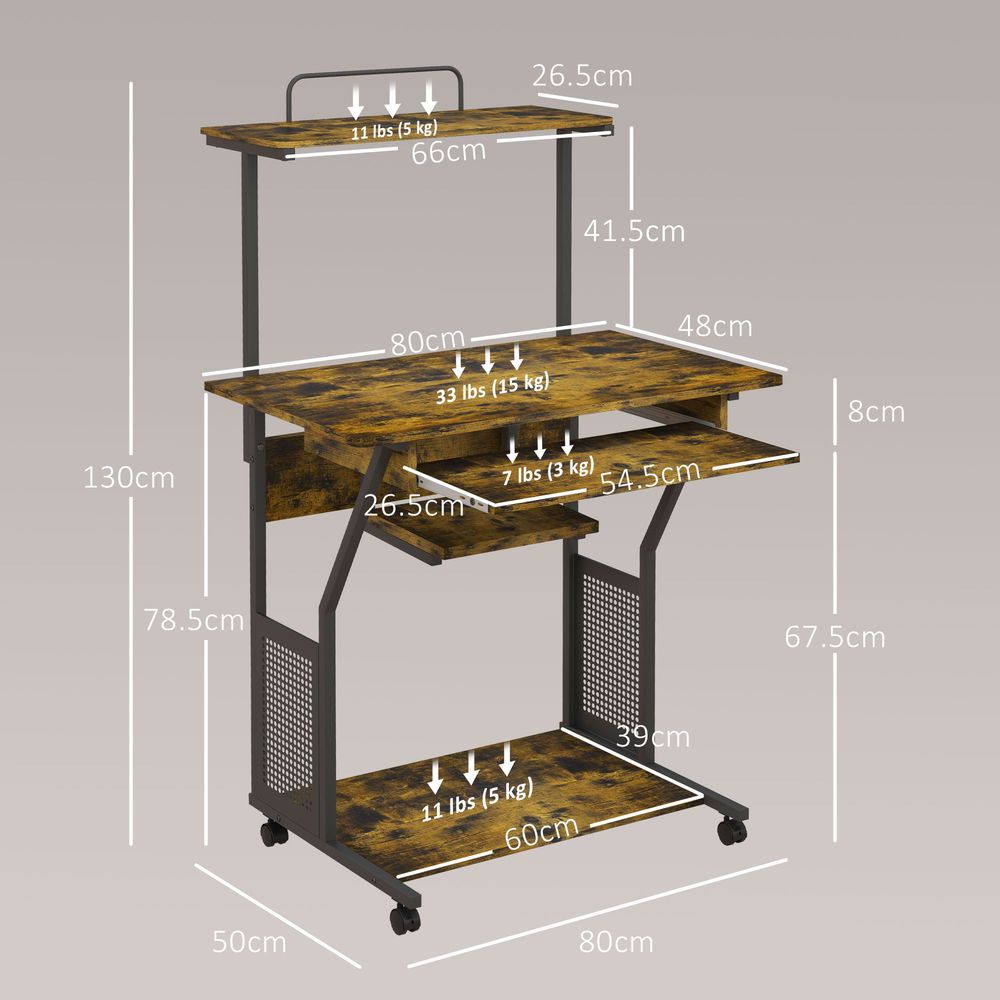 Rolling Computer Desk with Keyboard Tray and Storage Shelves, Rustic Brown