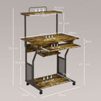 Rolling Computer Desk with Keyboard Tray and Storage Shelves, Rustic Brown