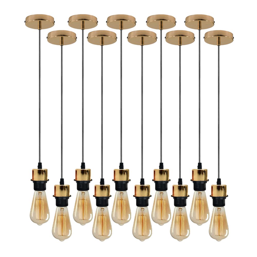 10 Pack Industrial French Gold Pendant Light, Lampshade Addable E27 Lamp Holder Light, E27 UK Holder Set With PVC Cable. in Gold