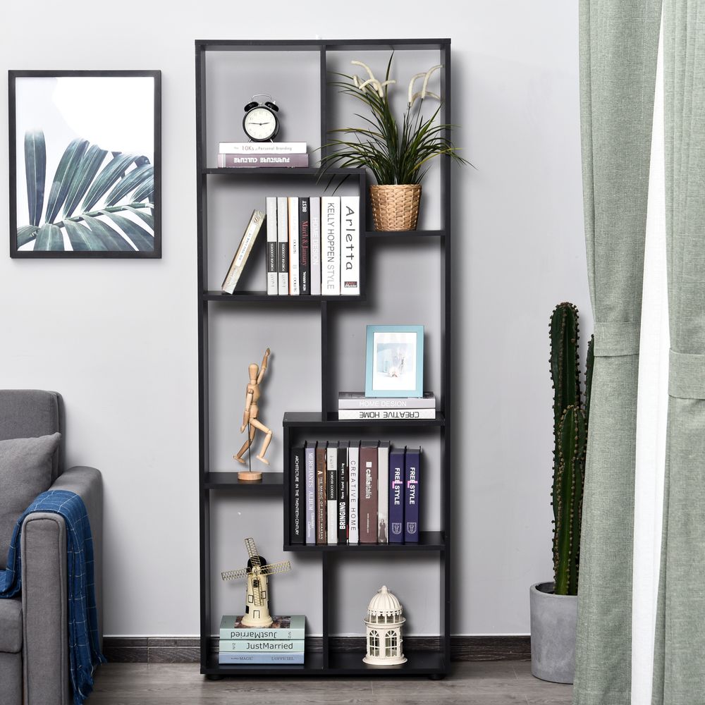 178cm 8-Shelf Bookcase Melamine Black Foot Pads - Multipurpose 8-Grid