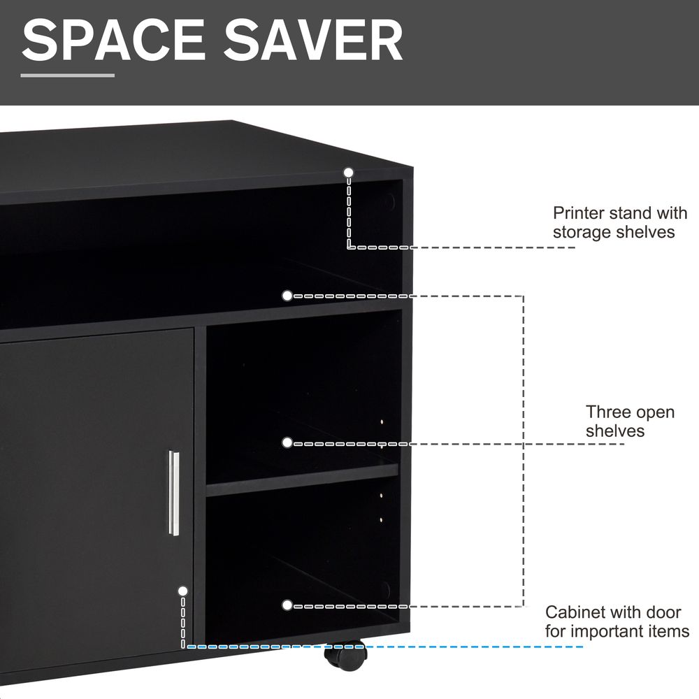 Multi-Storage Printer Stand Unit Office Desk Side Mobile Storage w/Wheels Modern Style 60L x 50W x 65.5H cm - Black