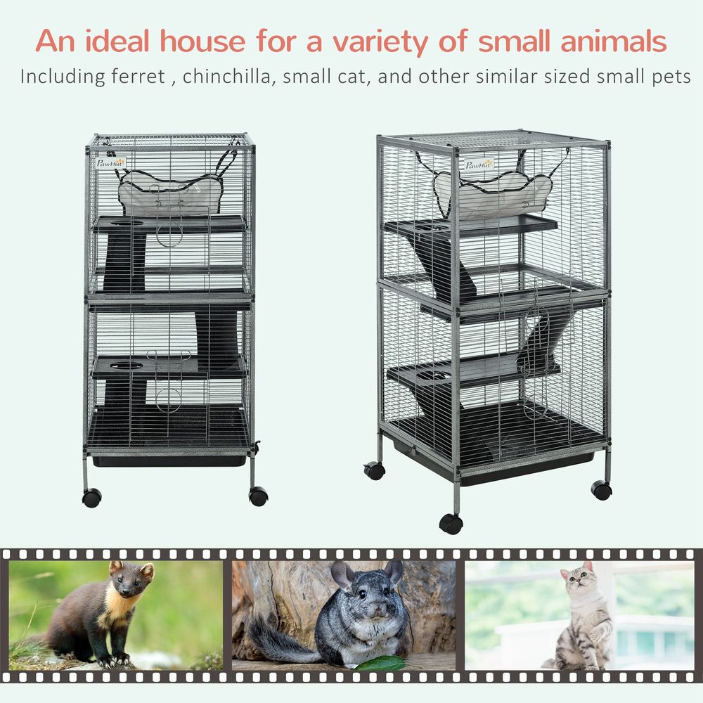 Small Animal Cage with Wheels Pet Home for Chinchillas Ferrets Kittens, with Hammock, 4 Platforms, Removable Tray, Grey