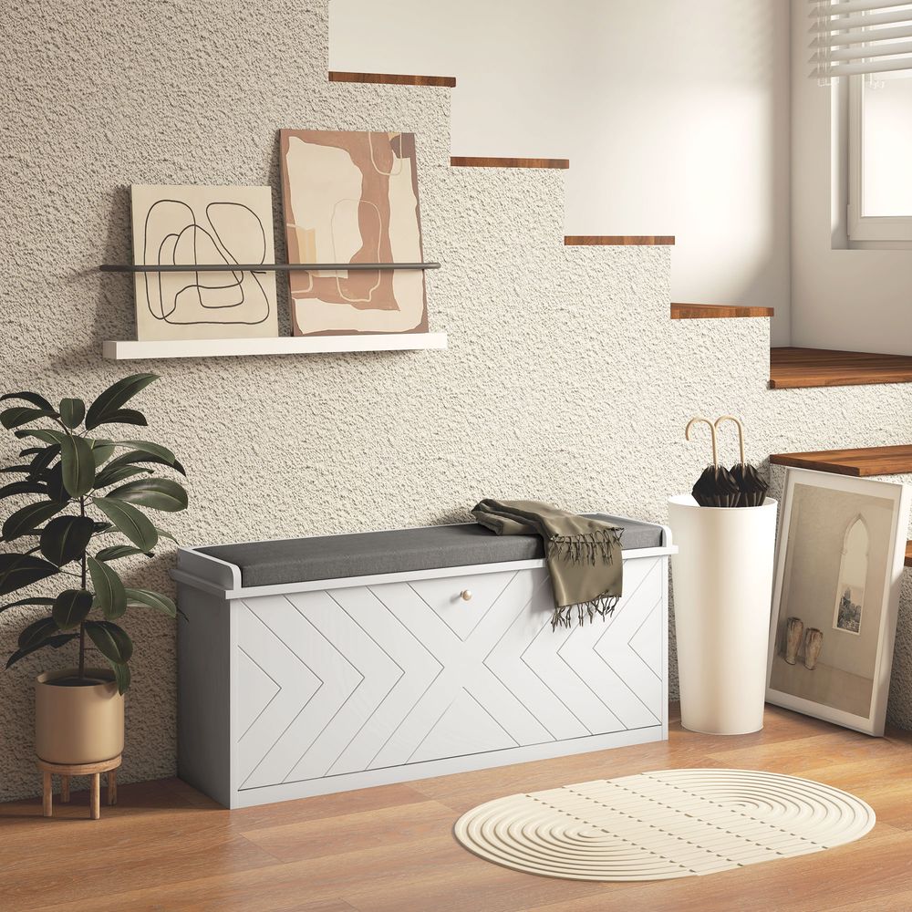 10-Pair Shoe Bench: White, Entryway, Cushion, Flip Drawer