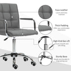 Comfortable Mid Back Swivel Home Office Chair - Grey PU Leather, Arm & Wheel