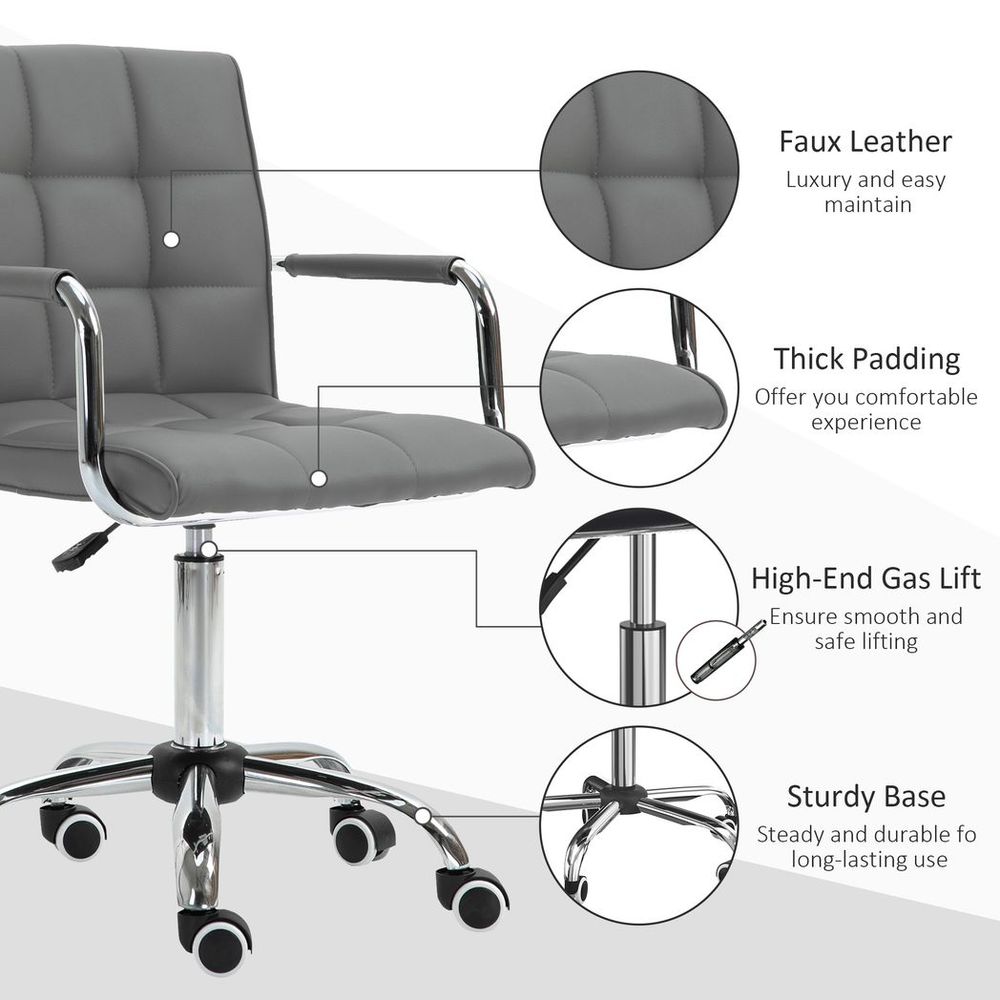 Comfortable Mid Back Swivel Home Office Chair - Grey PU Leather, Arm & Wheel