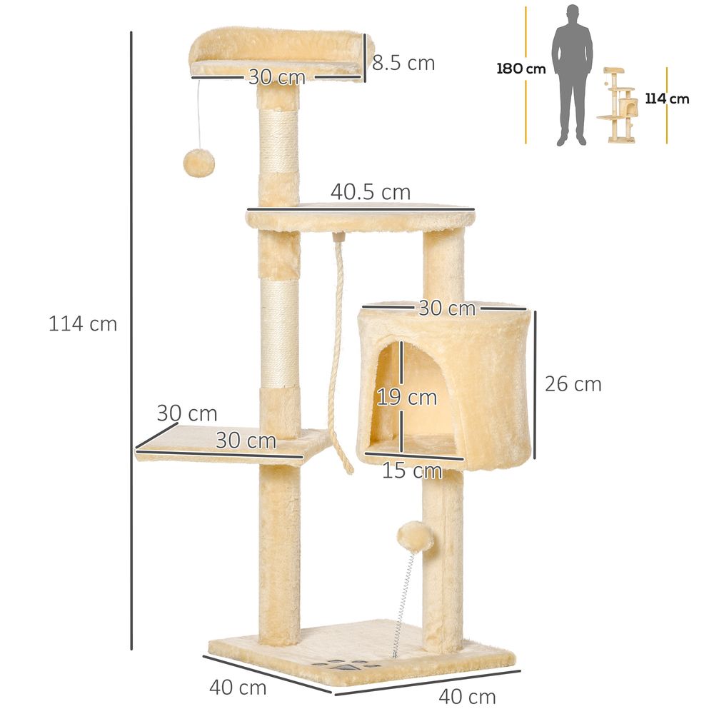 Cat Tree for Indoor Cats Pet Activity Centre Kitty Condo Climbing Scratching Post with Toys 4-tier 114cm Tall Beige