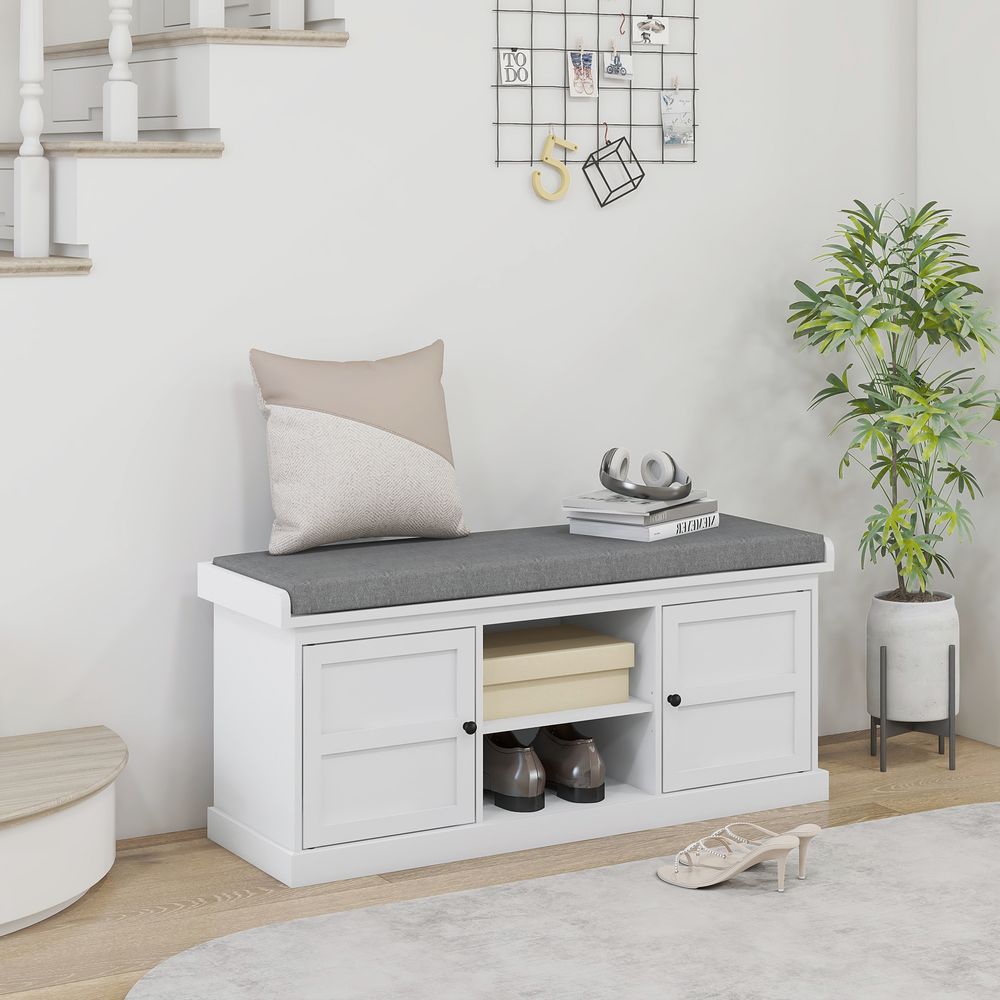 Shoe Storage Bench with Cushion 2 Cabinets for Entryway Hallway White