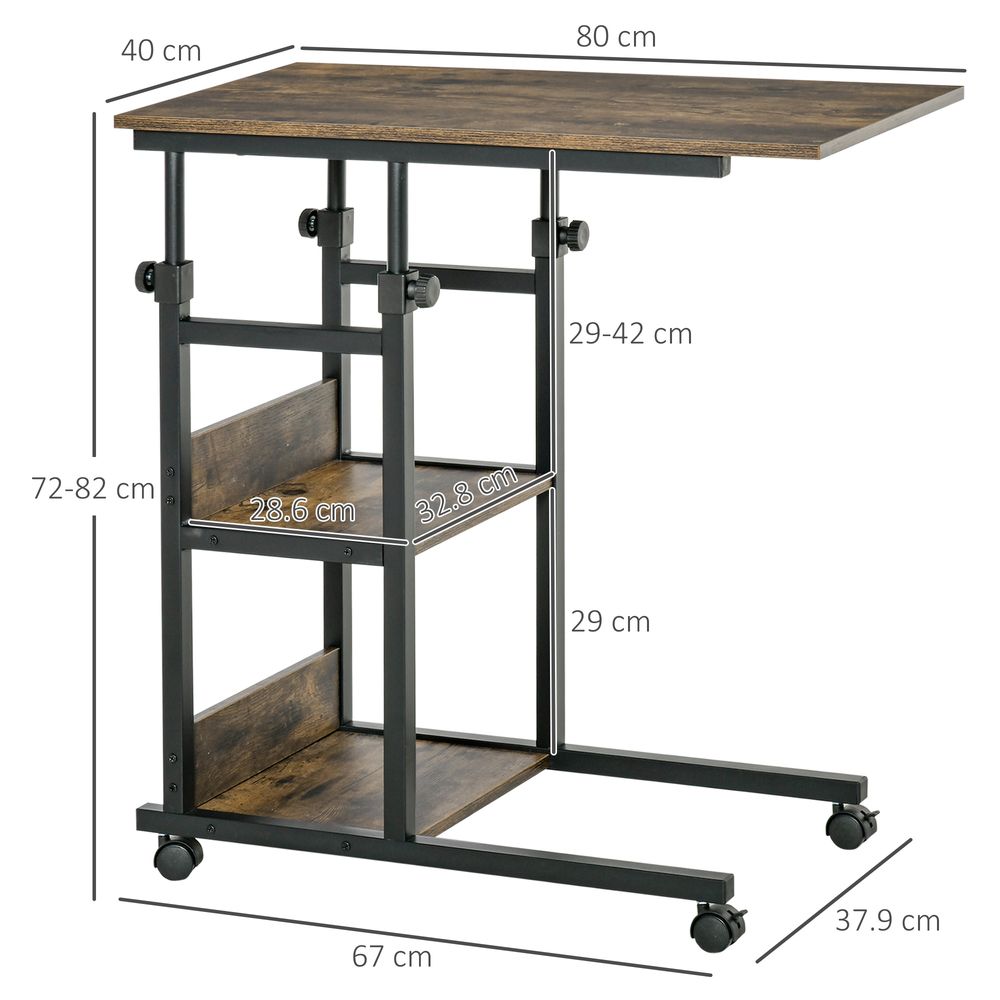 Industrial Mobile Sofa Side Table C-Shaped Rolling Couch Table with 3-Tier Storage Shelving Four Lockable Wheels Steel Frame - Brown