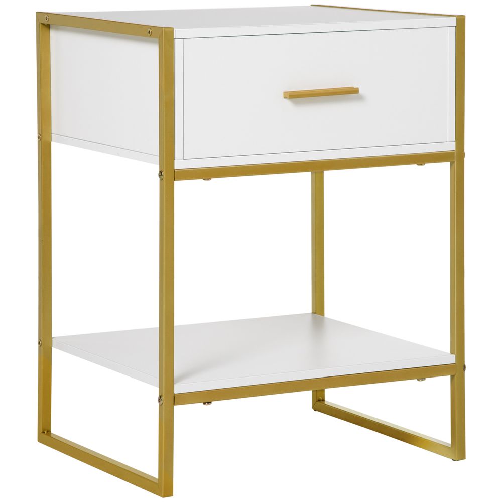 Modern Bedside Table, Nightstand with Drawer Shelf, Side Table for Living room, Bedroom White and Gold
