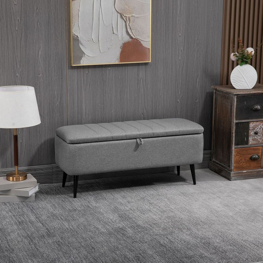 Storage Ottoman, Grey Linen Fabric, Steel Legs - Versatile Footstool Bench