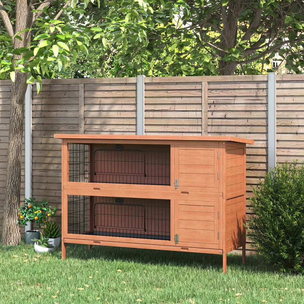 Rabbit Hutch Outdoor Guinea Hutch Bunny Cage with No-Leak Trays, Divider, 136 x 50 x 93cm, Orange