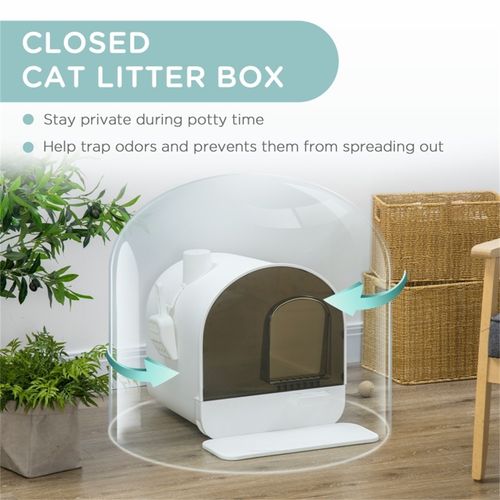 Cat Litter Box Kitten Litter Tray w/Hood, Scoop, Filter, Flap Door, 43 x 44 x 47cm - White
