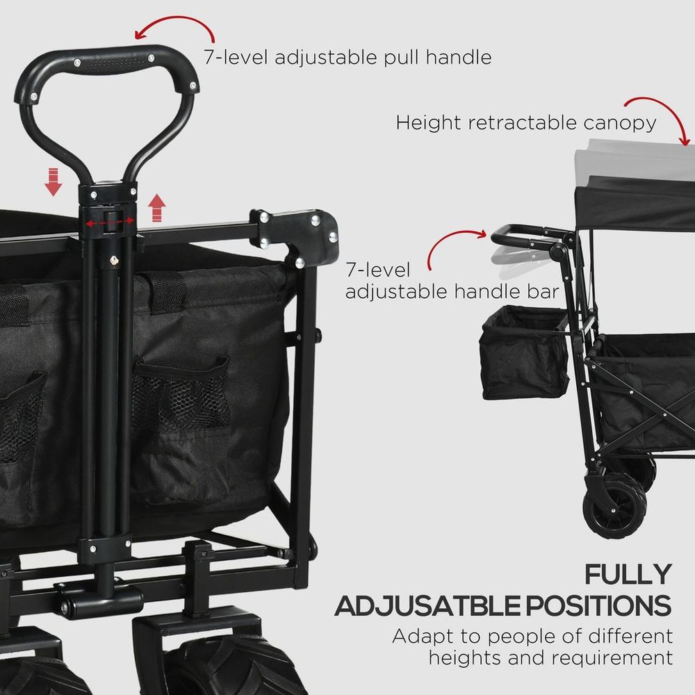 Foldable Trolley Cart w/ 4 Wheels, 2 Compartments, Canopy - Black