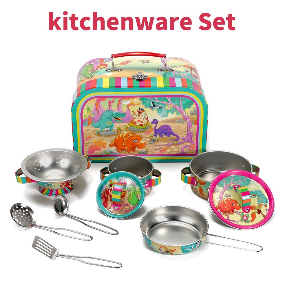 DINO KITCHENWARE SET - Exciting, Colorful, Safe. for Imaginative Play.. 10 Pieces. Best for Little Chefs!