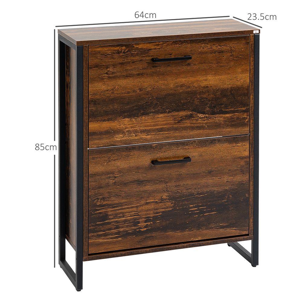 Rustic Brown Shoe Cabinet - 2 Flip Door, Divider, Entryway