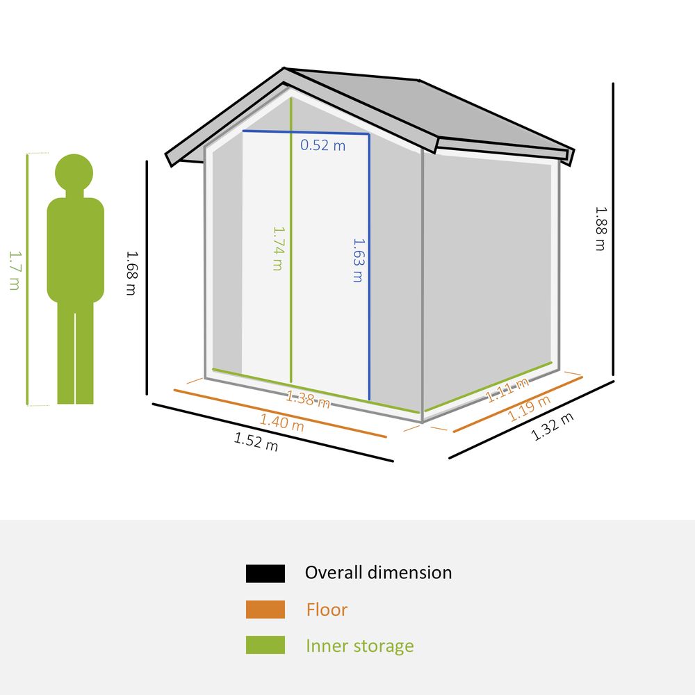 Outdoor Storage Shed, Sliding Door, Sloped Roof 152 x 132 x 188 cm, Grey