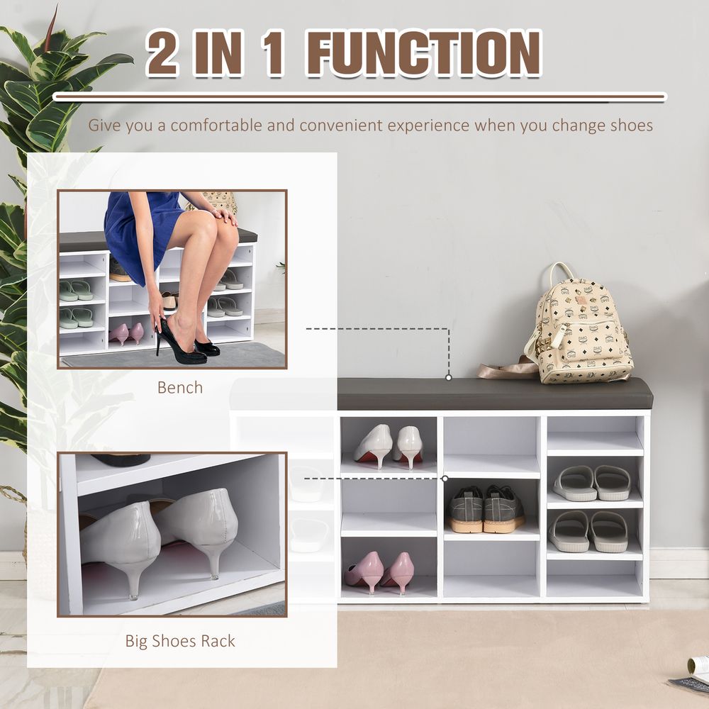 PU Leather Shoe Storage Bench - 14 Compartments, Brown and White