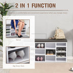 PU Leather Shoe Storage Bench - 14 Compartments, Brown and White