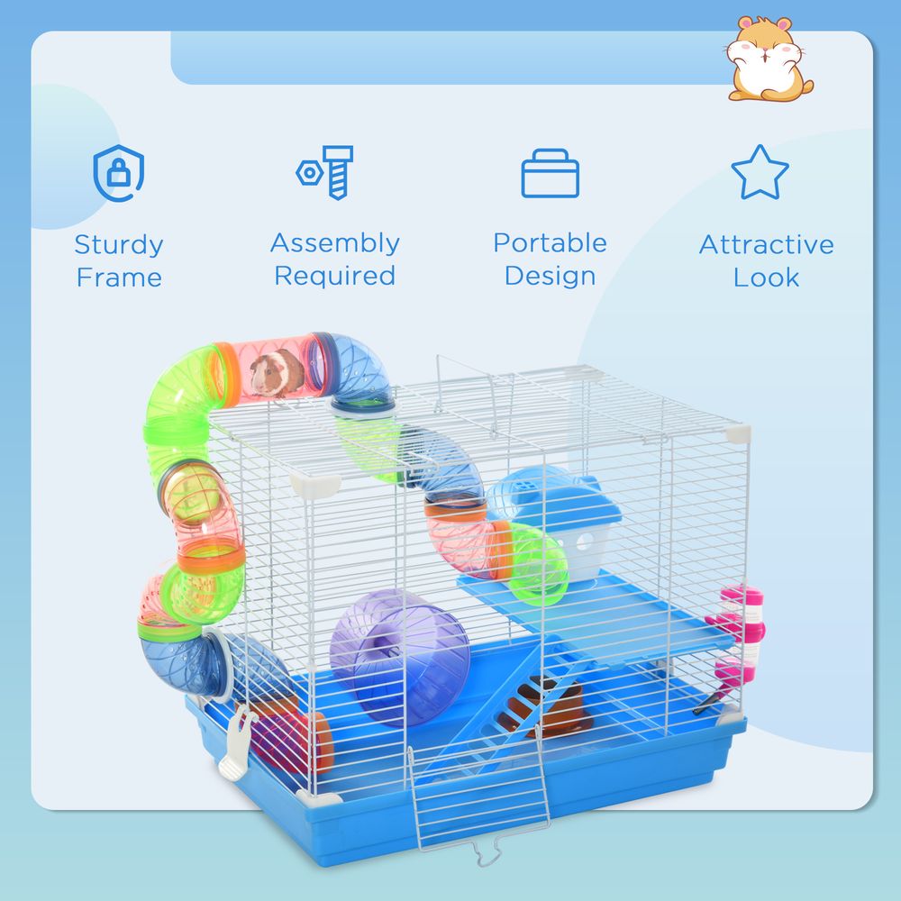 2 Tier Hamster Cage Carrier Habitat Small Animal House with Exercise Wheels Tunnel Tube Water Bottle Dishes House Ladder for Dwarf Mice, Blue