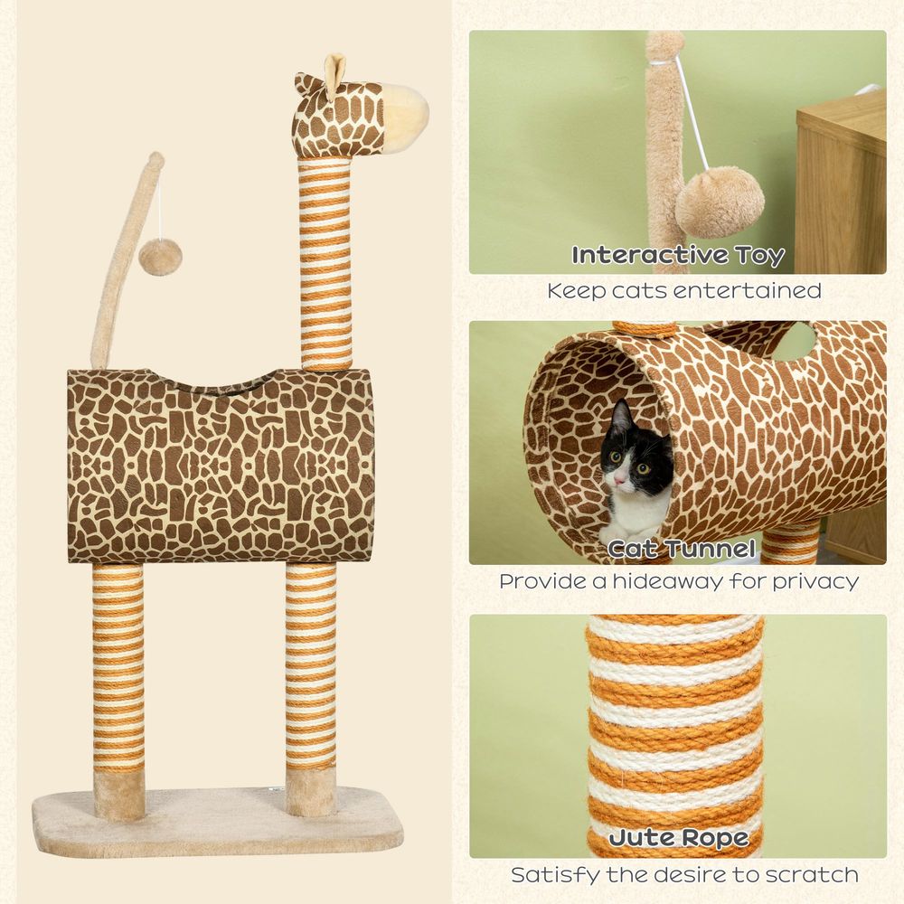 Cat Tree for Indoor Cats Cute Giraffe Kitten Play Tower w/Scratching Posts, Tunnel, Toy Ball, 48.5 x 34.5 x 101cm - Beige