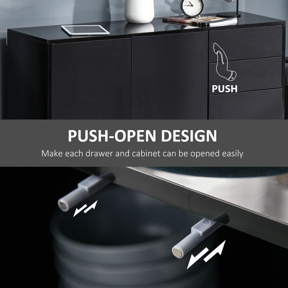 High Gloss Frame Sideboard, Side Cabinet, Push-Open Design with 2 Drawer for Living Room, Bedroom, Black
