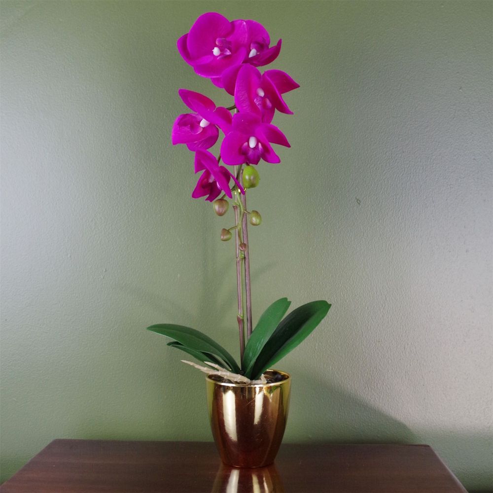 46cm Artificial Orchid - Dark Pink & Gold - Real Touch Leaves & Flowers - Plastic Decorative Pot - Craftsmanship