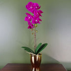 46cm Artificial Orchid - Dark Pink & Gold - Real Touch Leaves & Flowers - Plastic Decorative Pot - Craftsmanship