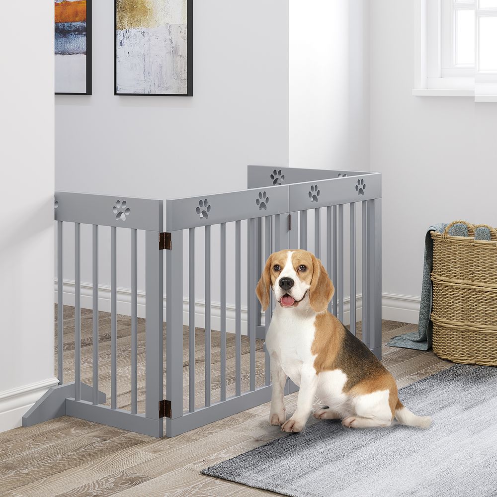Dog Barrier 4-Piece 204 x 61 cm Foldable Door Safety Gate with 2 Support Feet, Freestanding Dog Gate, Wooden Stair Gate for Hallway, Stairs, Light Grey