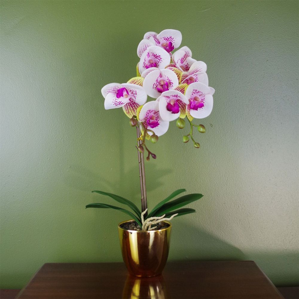 48cm Harlequin Orchid Artificial - Pink/Gold, Real Touch Leaves, Wired Stems