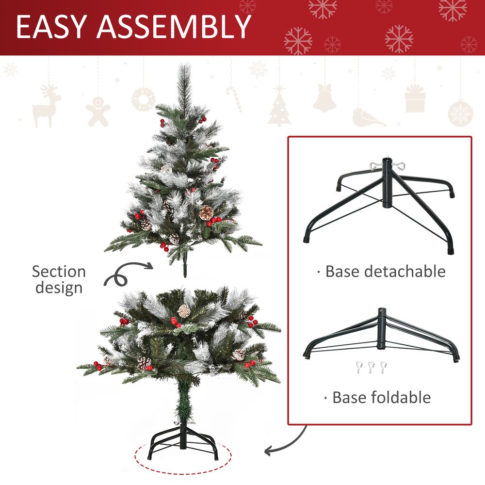 4FT Artificial Snow-Dipped Christmas Tree Foldable Berries White Pinecones Green