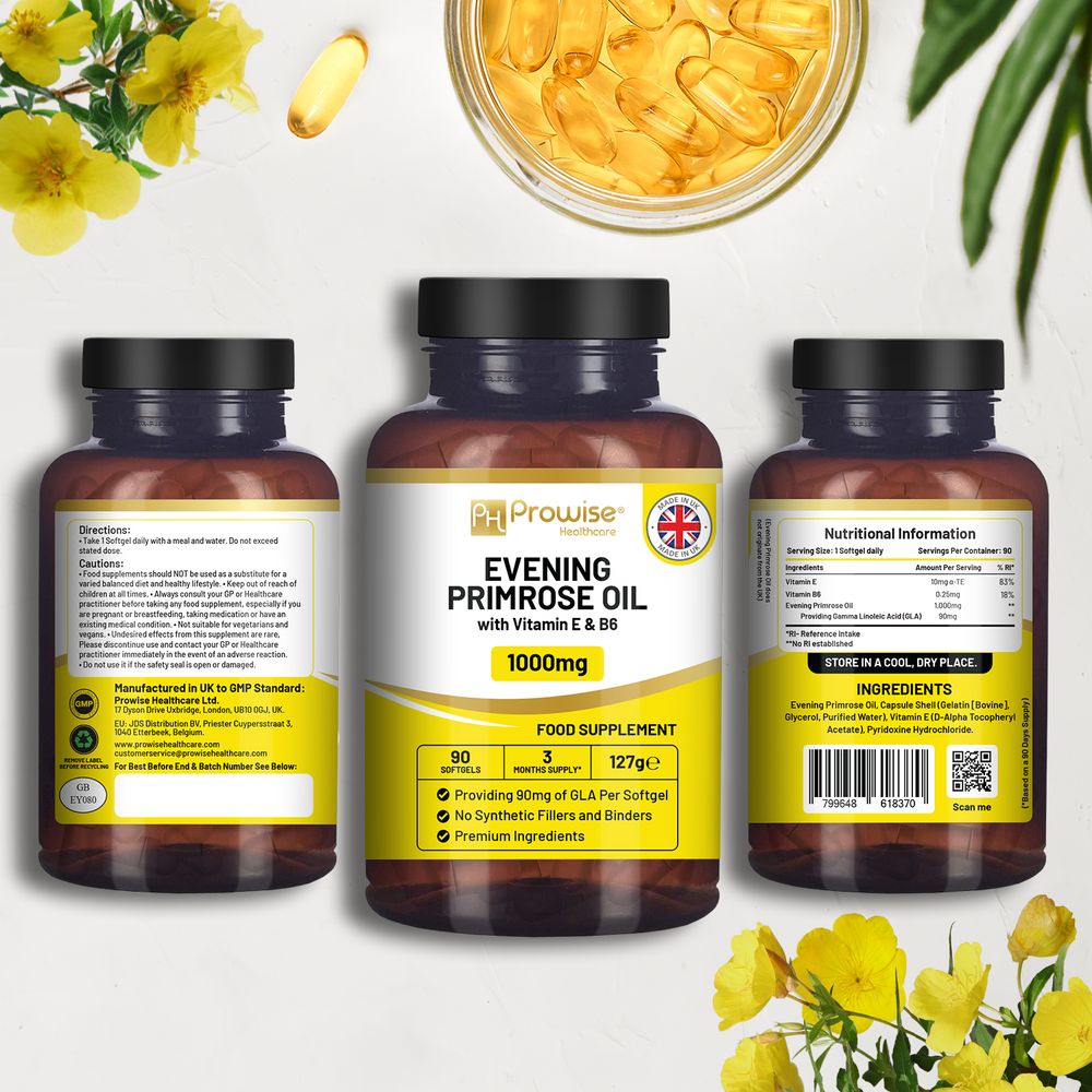 Evening Primrose Oil Softgels - 2000mg with Vitamins E and B6, 60 Vegan Softgels