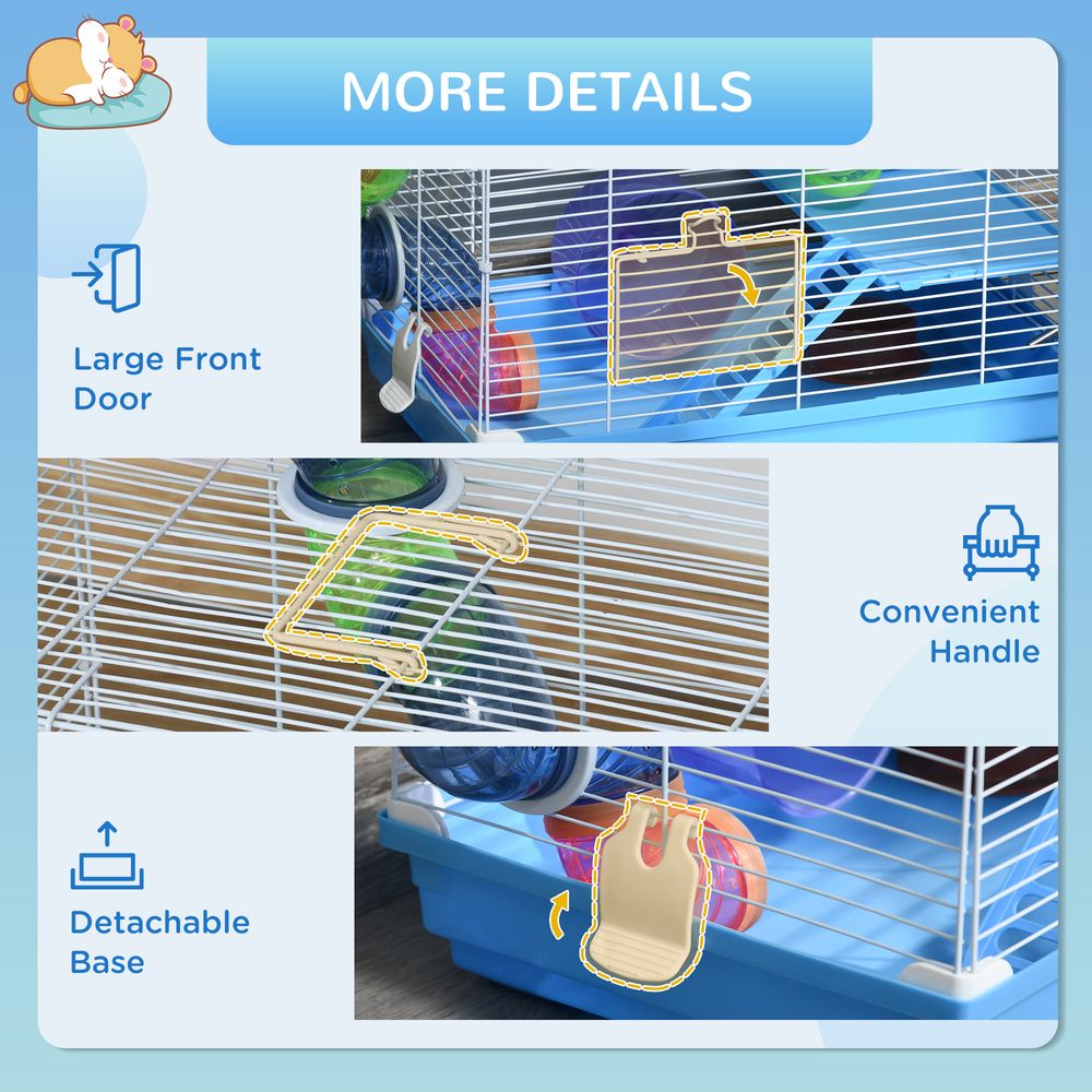 2 Tier Hamster Cage Carrier Habitat Small Animal House with Exercise Wheels Tunnel Tube Water Bottle Dishes House Ladder for Dwarf Mice, Blue