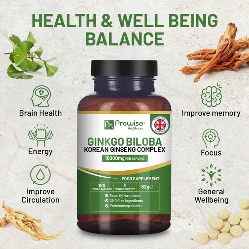 Ginkgo Biloba and Korean Ginseng Tablet - 8000mg, 180 Vegan Tablets