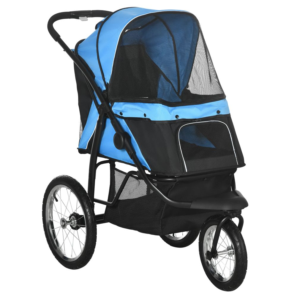 3 Wheel Pet Stroller - Blue - Foldable Cat Pram + Soft Mat - Medium Small Dogs - All Terrains