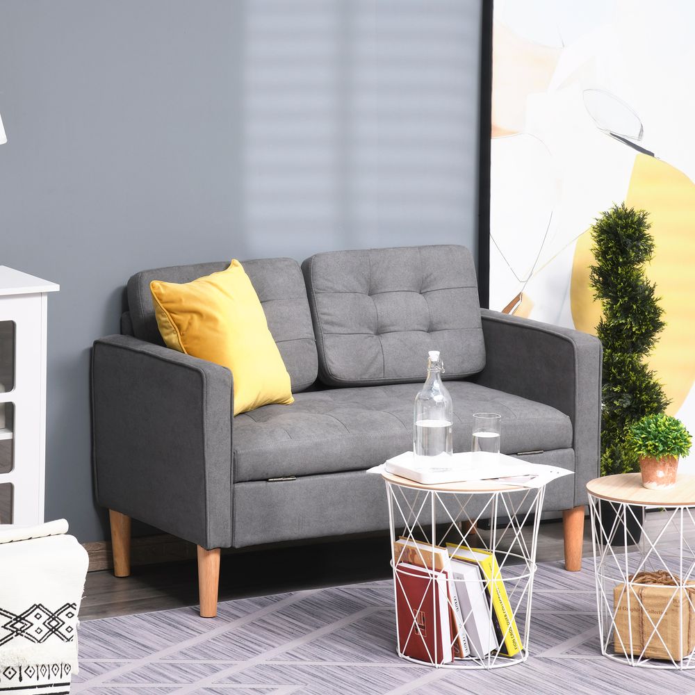 Compact Loveseat Sofa - 2 Seater with Storage & Wood Legs in Grey