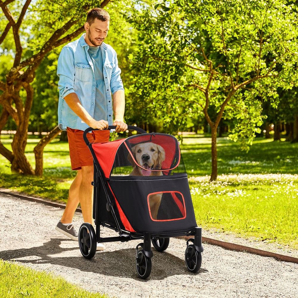 Foldable Dog Carriage w/ Universal Wheels, Shock Absorber - Red