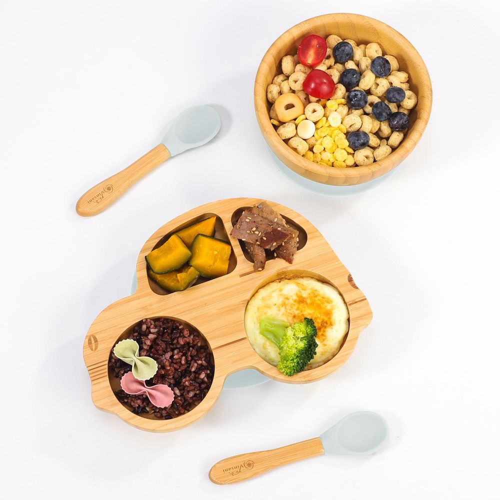 BAMBOO CAR PLATE, BOWL & SPOON: Hypoallergenic, Non-Slip, BPA-Free, Easy to Clean Grey