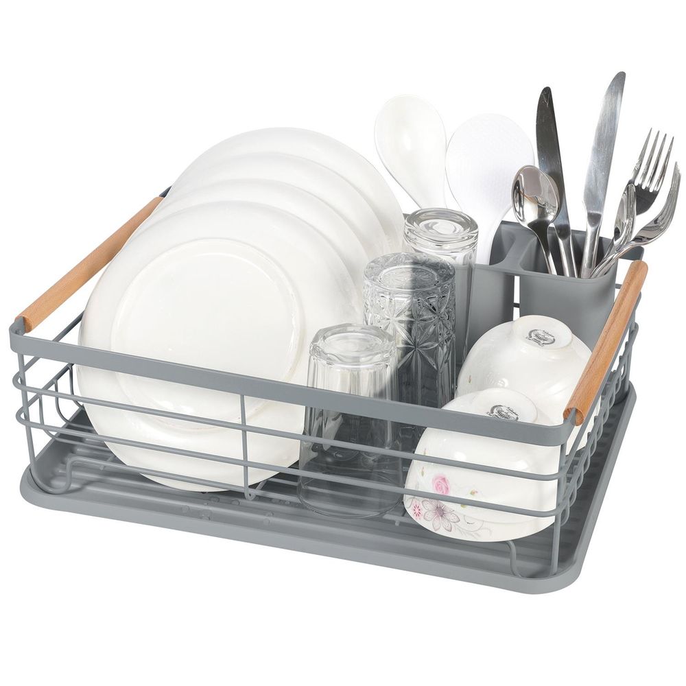DELUXE DISH RACK - Stainless Steel, Water & Rustproof, Removable Tray - Space Saving Kitchen Organizer Grey
