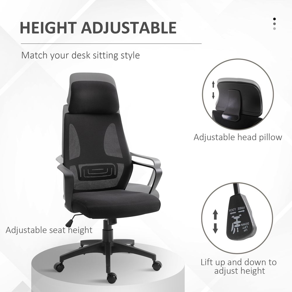 Mesh Back Office Chair - Adjustable Height & Padded Headrest - Comfortable - All Black