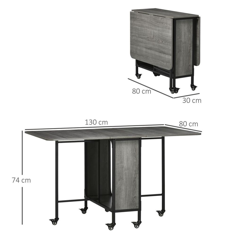 Mobile Drop Leaf Table Folding Kitchen Table Extendable Dining Table For Small Spaces With 6 Wheels & Storage Shelf Grey