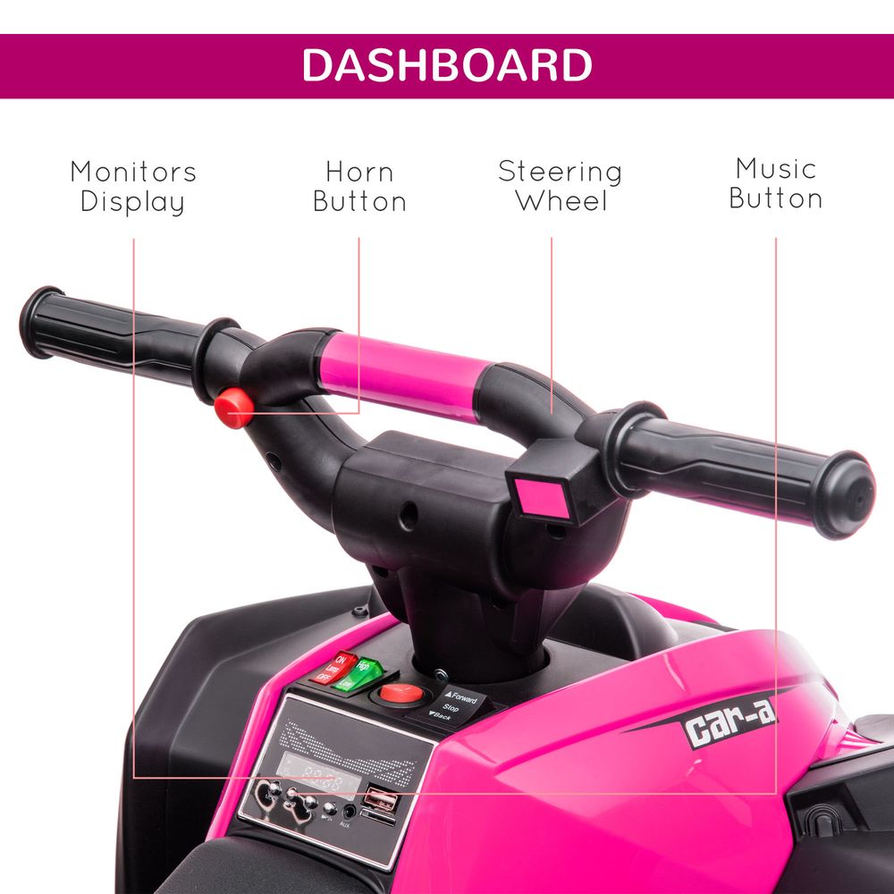 12V Electric Quad Bike for Kids Ride On Car Toy, with Forward Reverse Functions, LED Headlights, Music, for Ages 3-5 Years - Pink