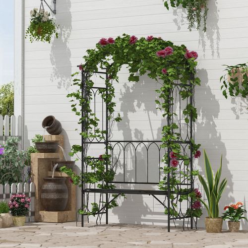 Garden Metal Arch Bench Outdoor 2-Seater Chair, Patio Rose Trellis Arbour Pergola for Climbing Plant Vintage Classic Black 115L x 50W x 203H cm
