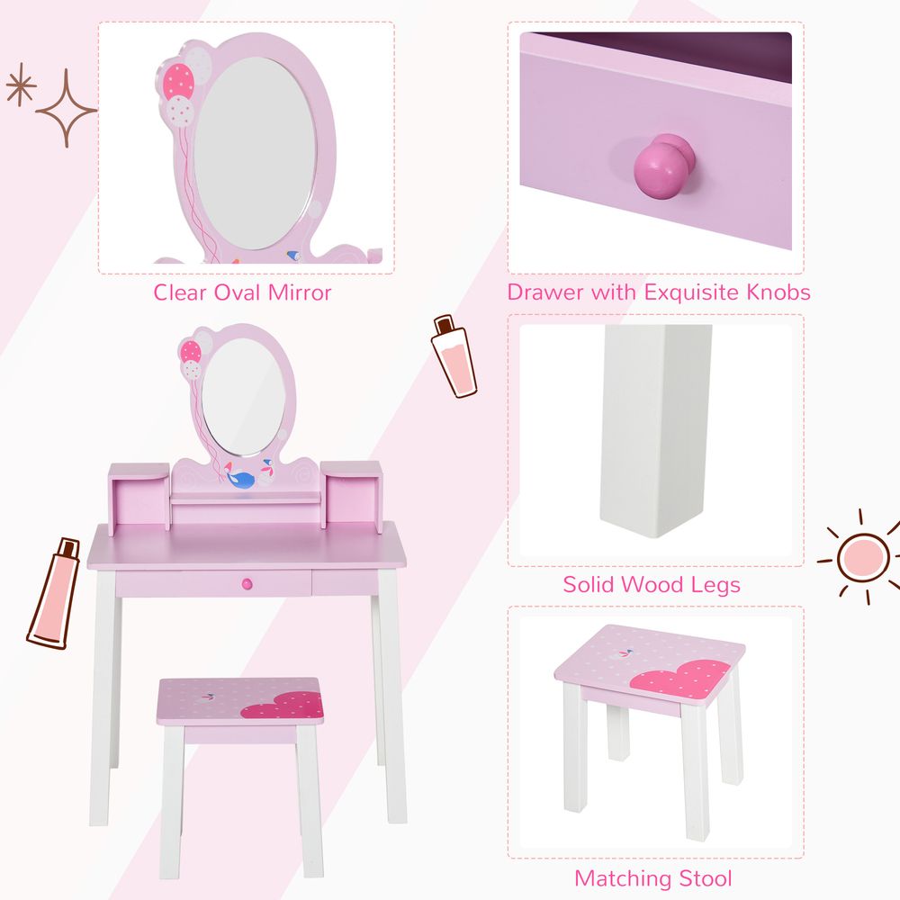 Kids Dressing Table Set w/ Storage & Mirror - Pink