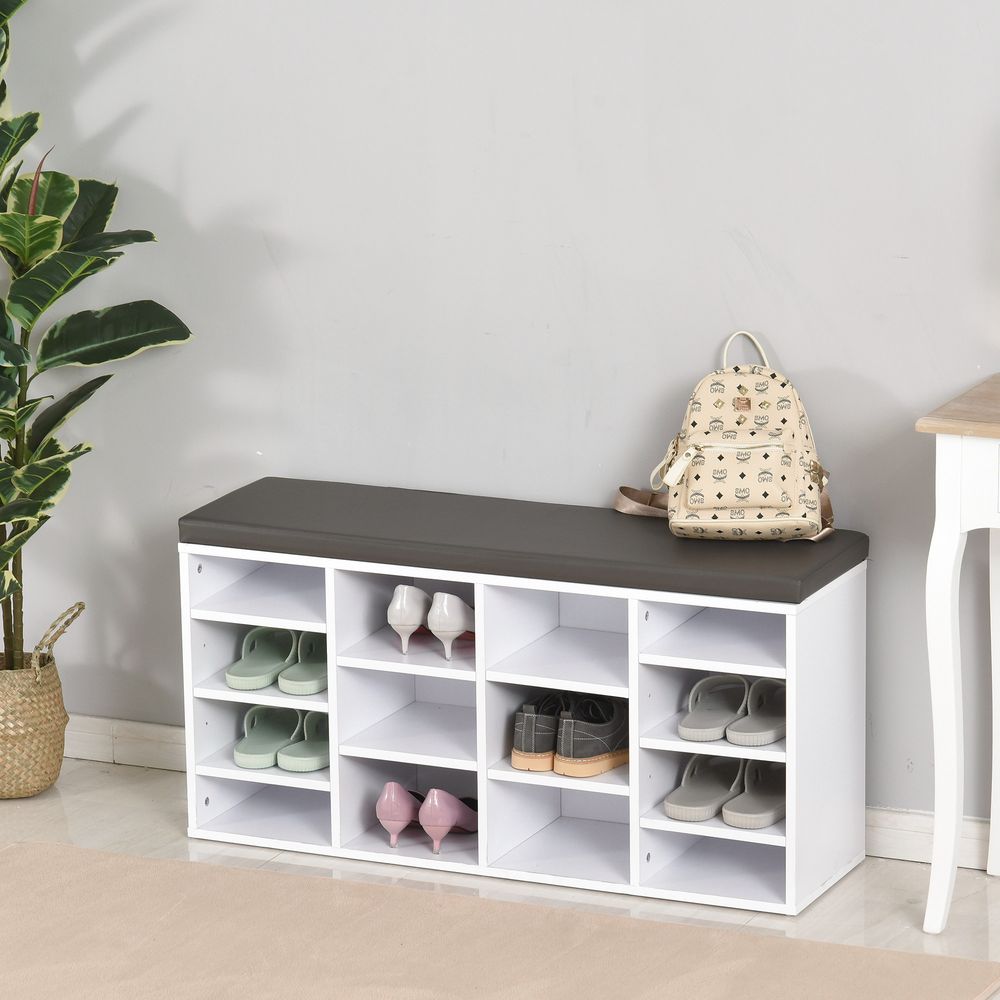 PU Leather Shoe Storage Bench - 14 Compartments, Brown and White