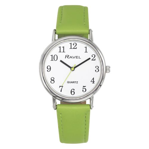 Ladies Classic Big White Dial Green Leather Strap Watch
