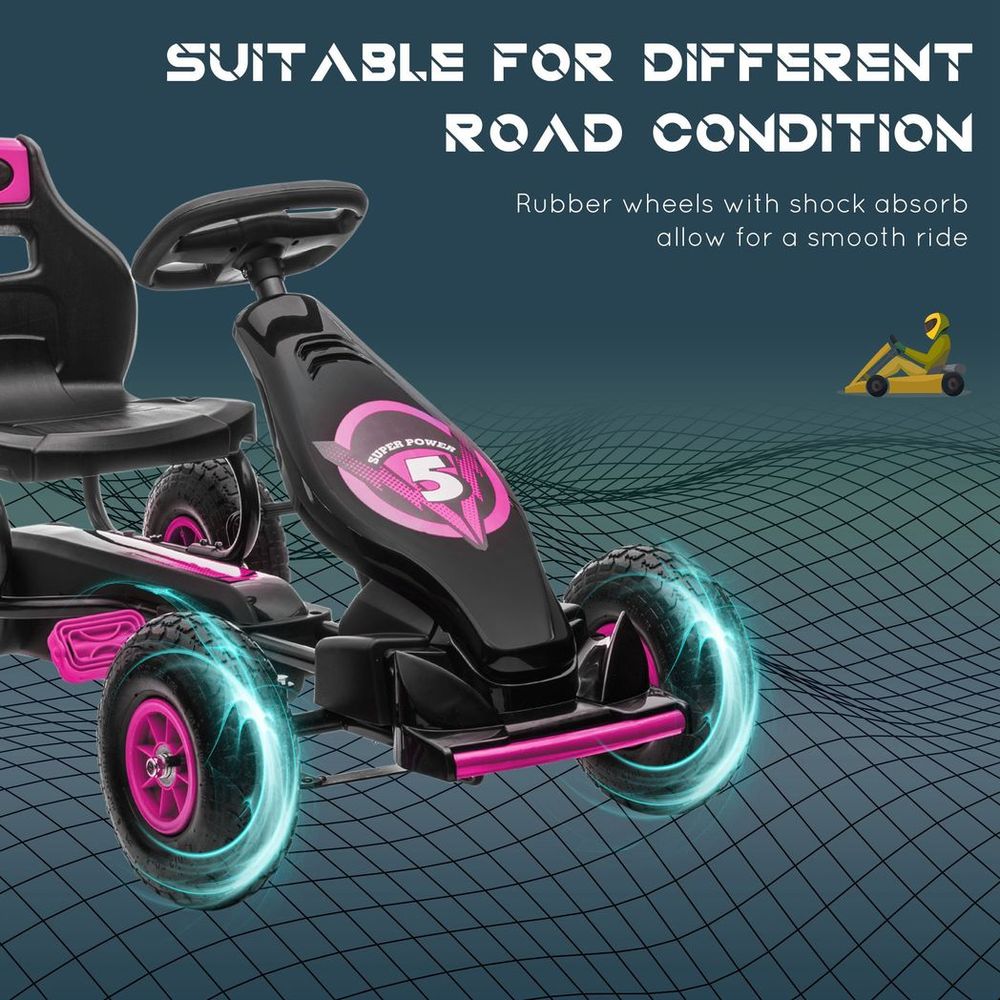 Children Pedal Go Kart, Raving Go Kart with Adjustable Seat, Inflatable Tyres, Shock Aborb, Handbrake, for Ages 5-12 Years - Pink